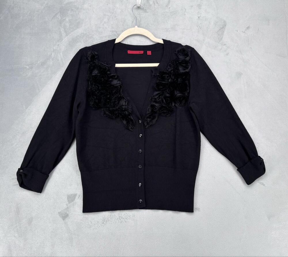RED Valentino Sweater M Black V-Neck Cardigan Button Front Romantic Rosette
